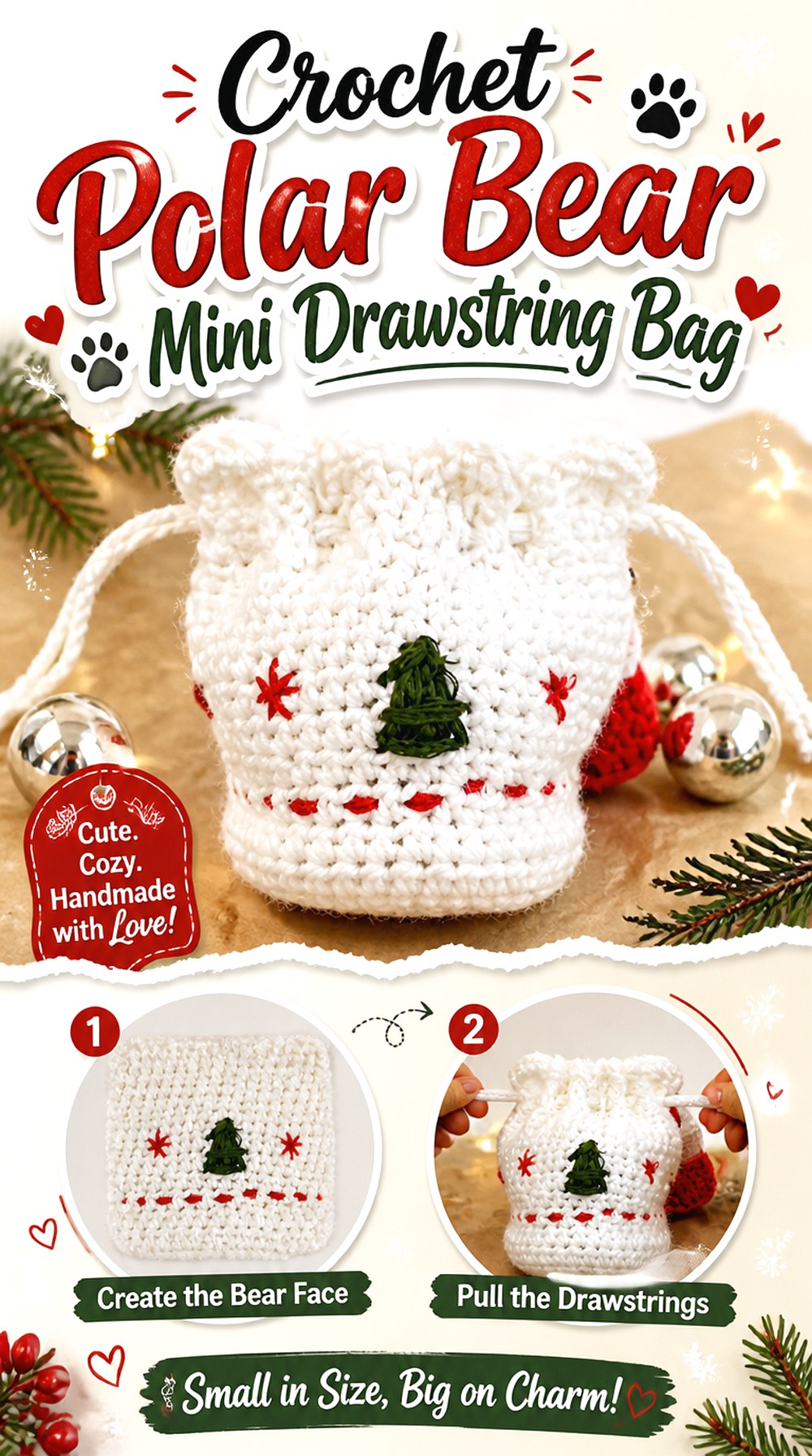 Crochet Polar Bear Mini Drawstring Bag