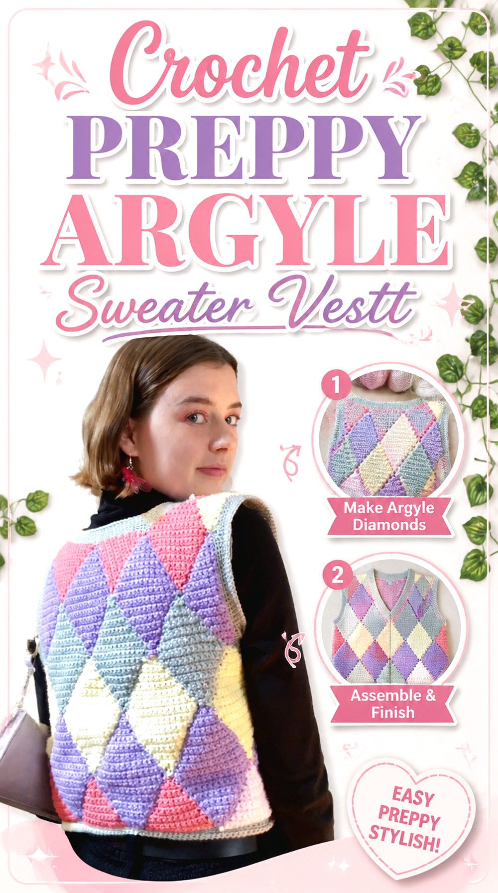 Crochet Preppy Argyle Sweater Vest