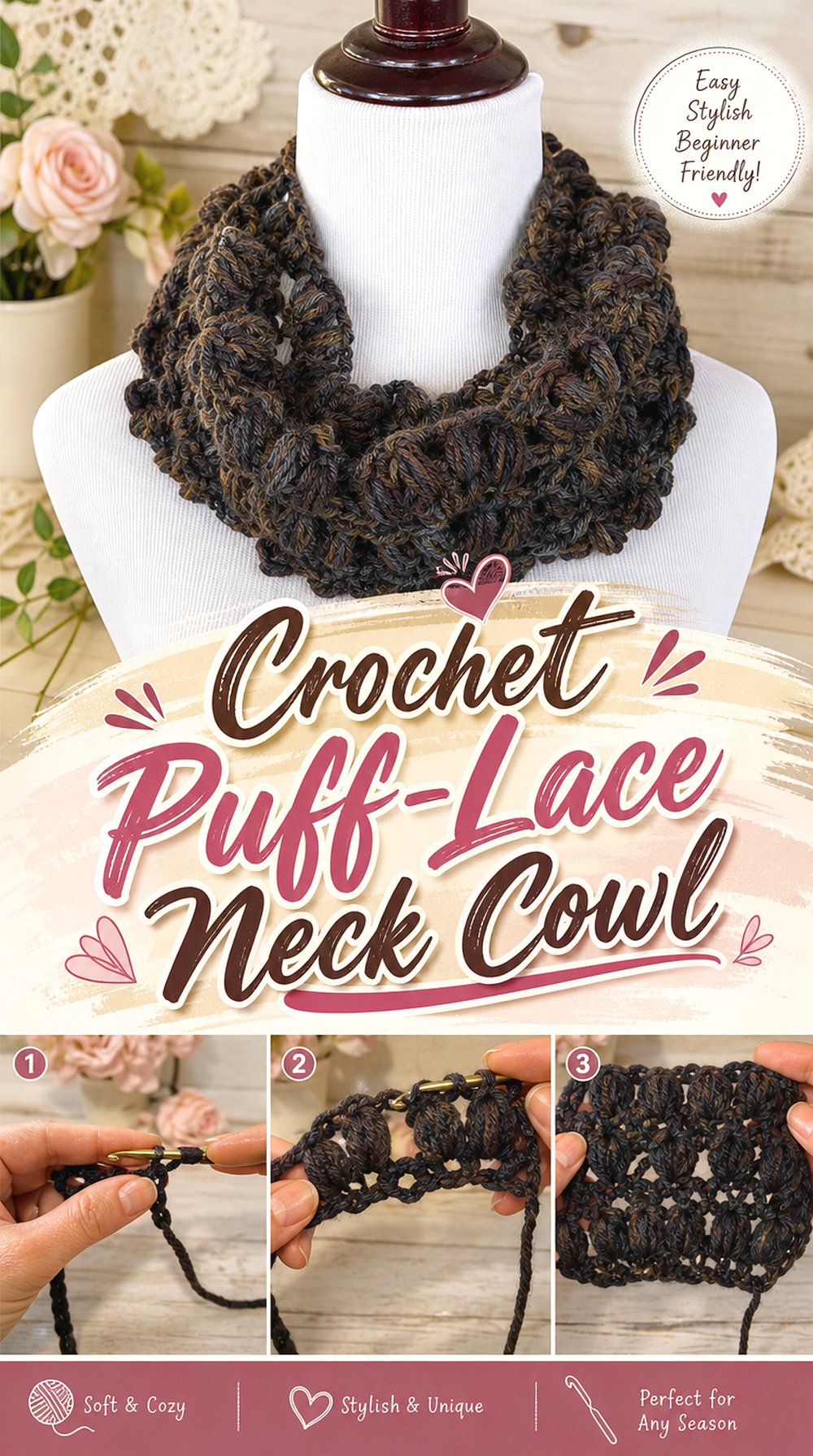 Crochet Puff Lace Neck Cowl