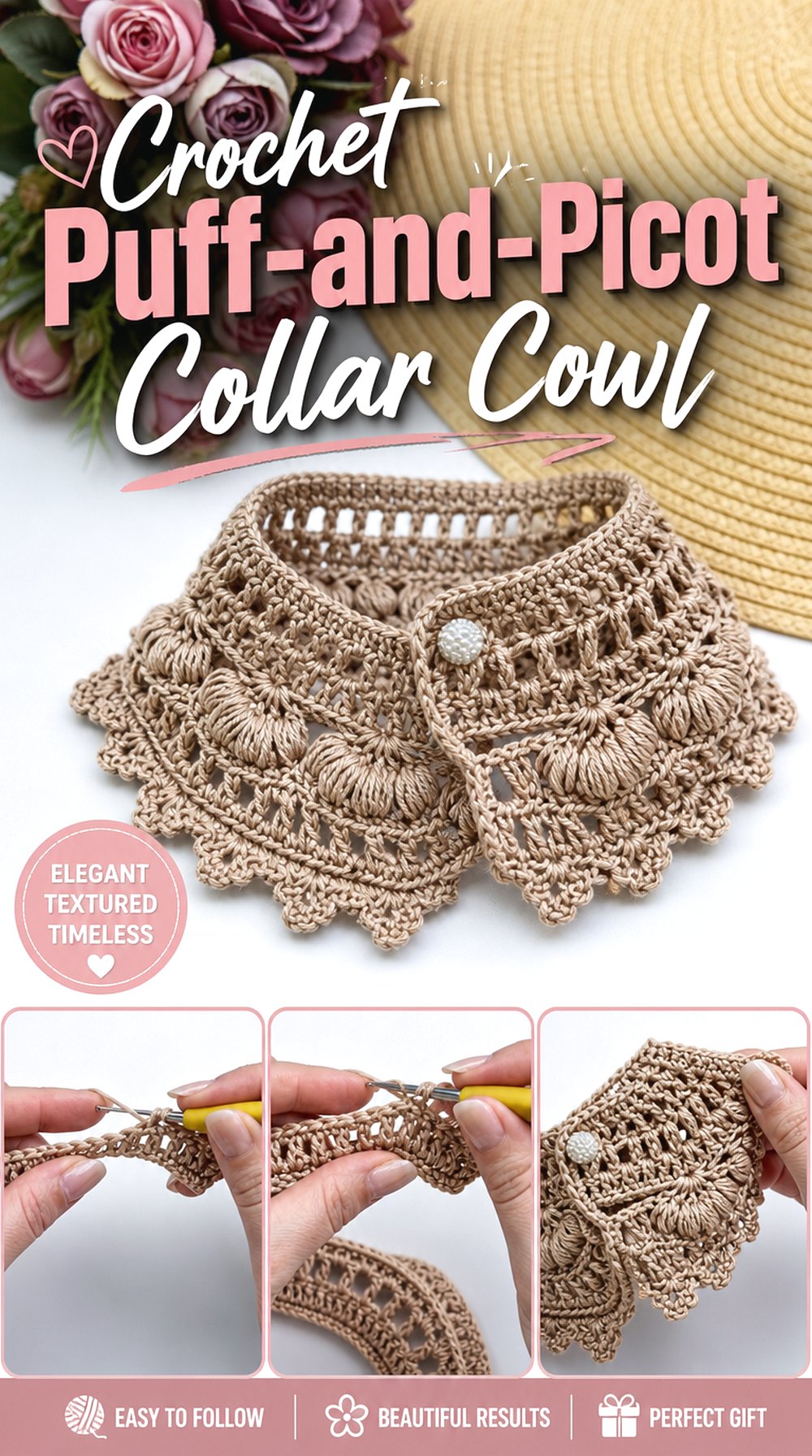 Crochet Puff and Picot Collar Cowl