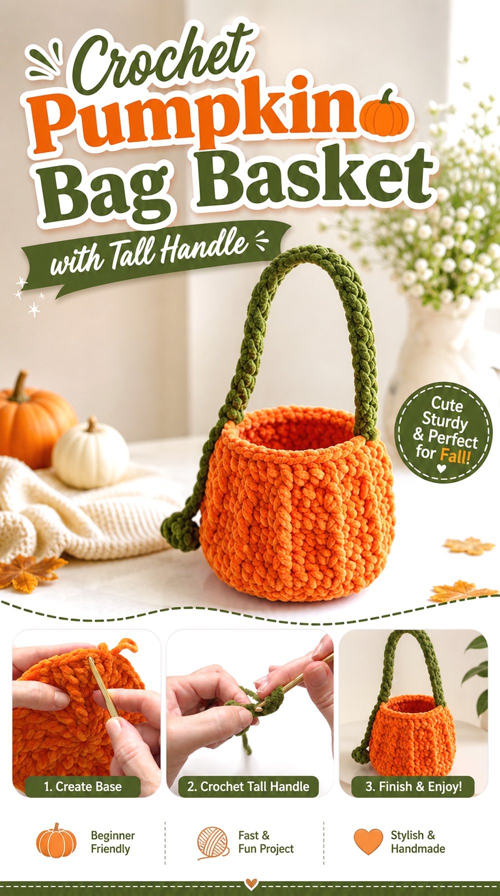 Crochet Pumpkin Bag Basket with Tall Handle