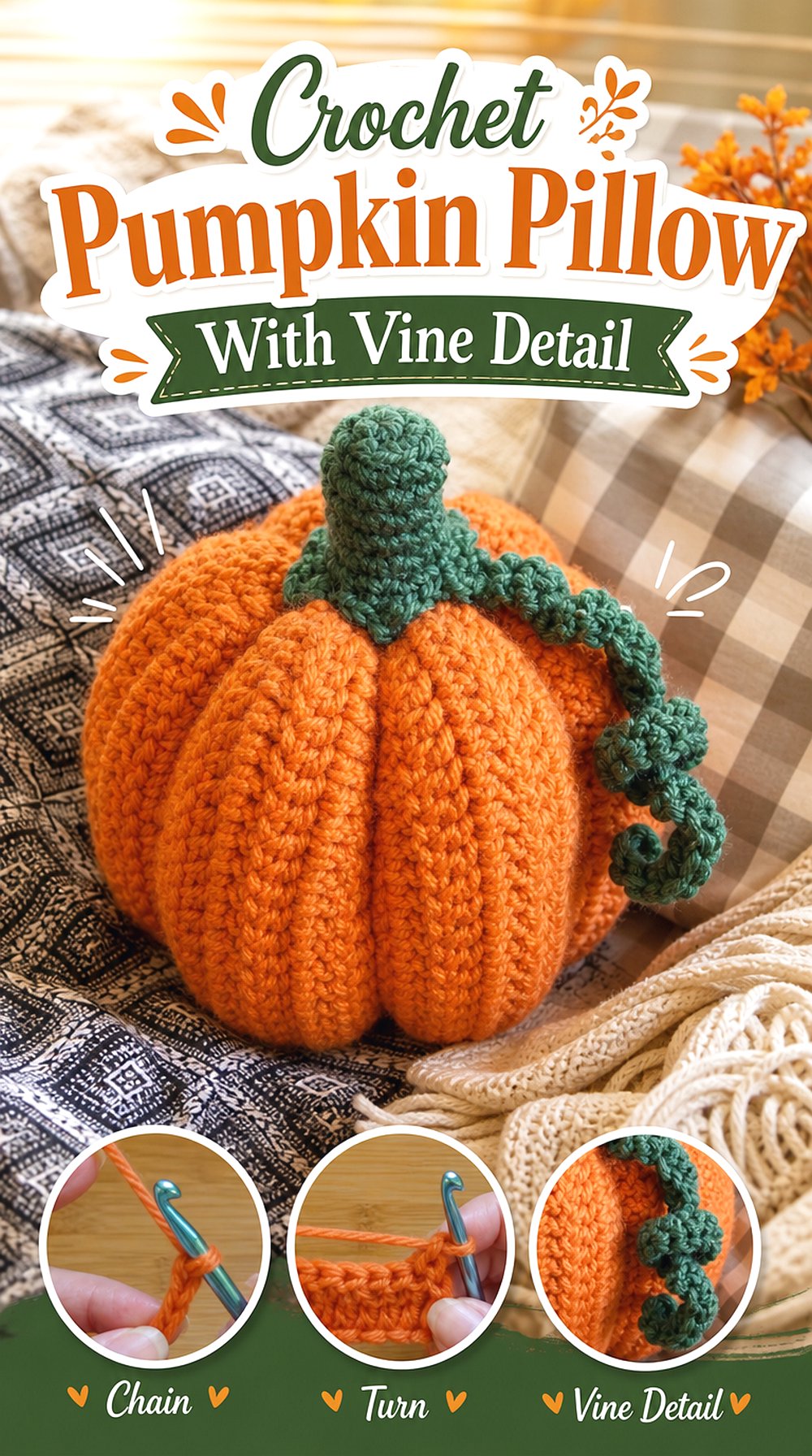 Crochet Pumpkin Pillow With Vine Detail