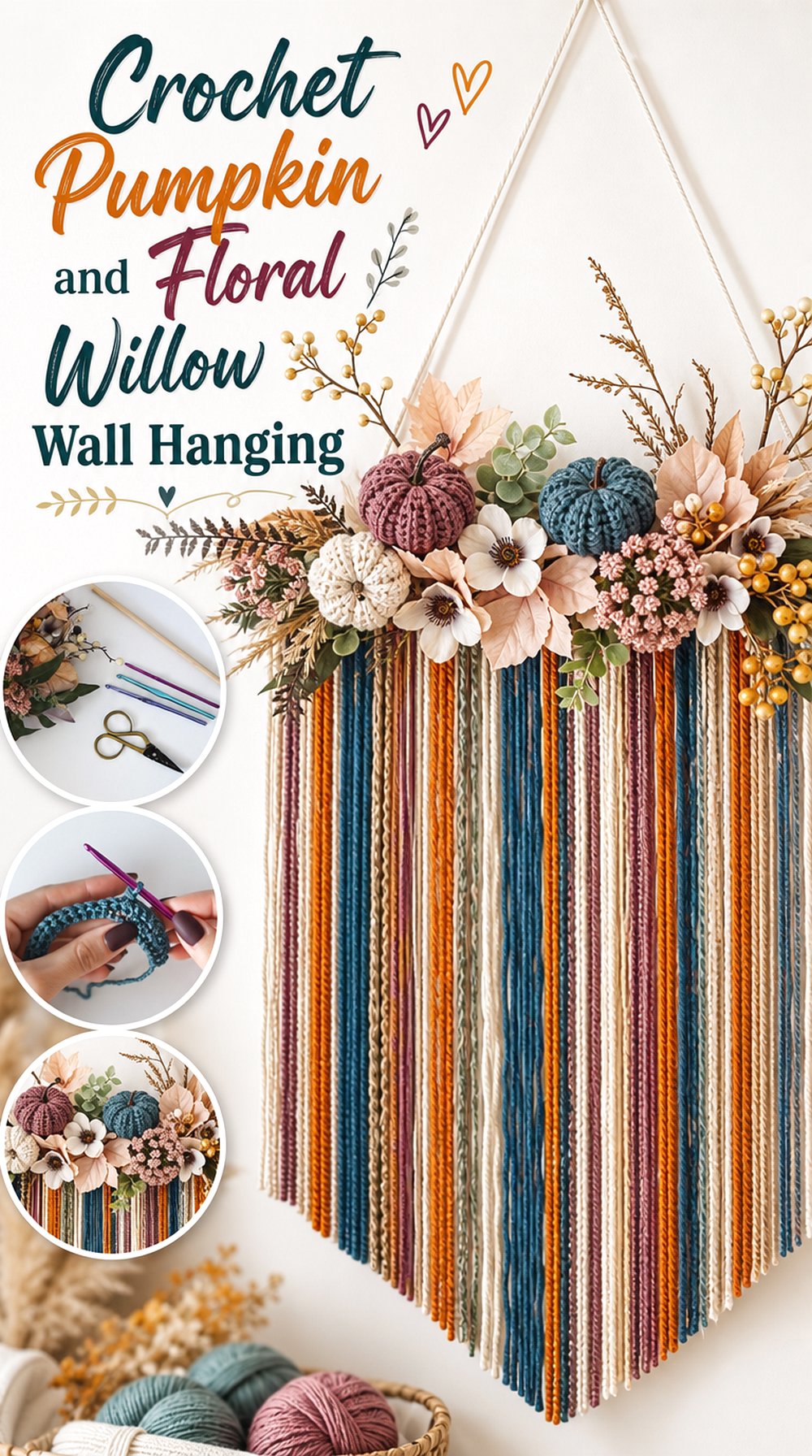 Crochet Pumpkin and Floral Willow Wall Hanging
