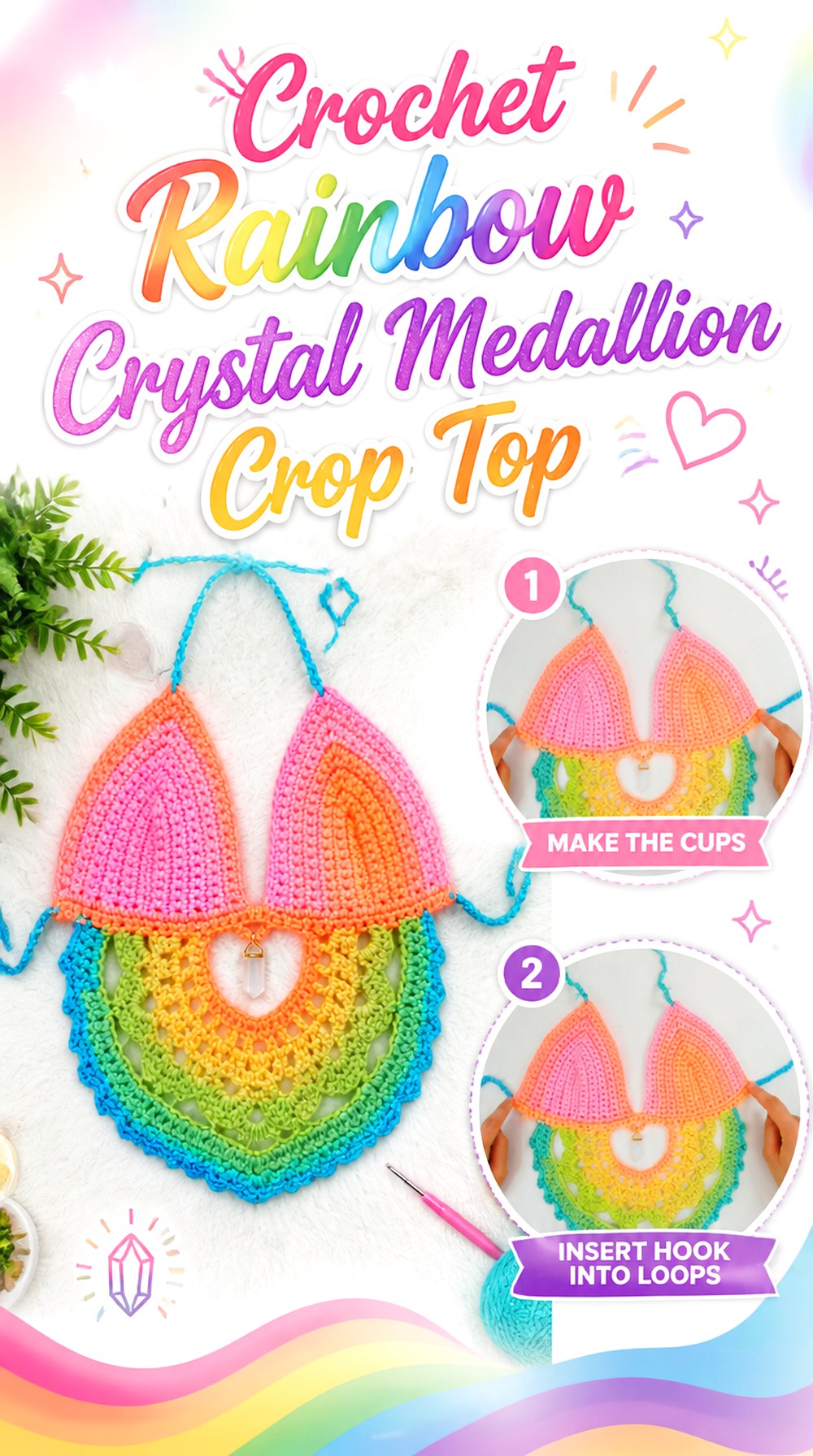 Crochet Rainbow Crystal Medallion Crop Top
