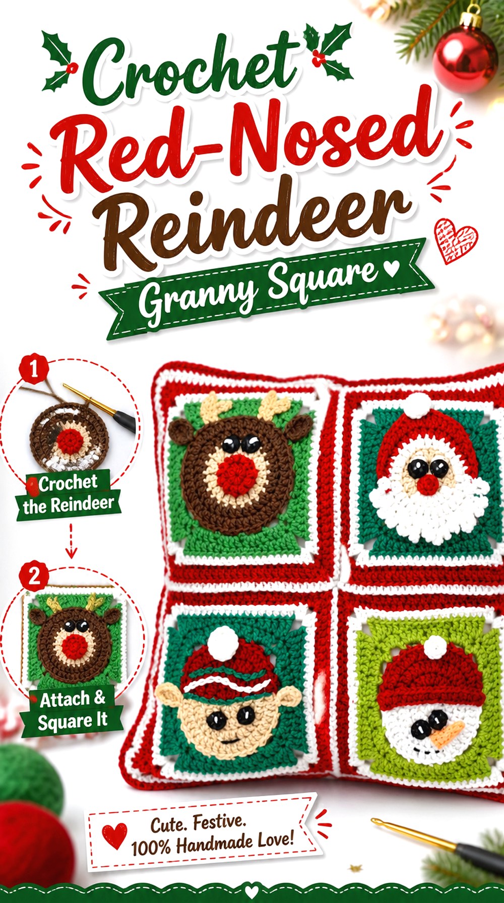 Crochet Red Nosed Reindeer Granny Square