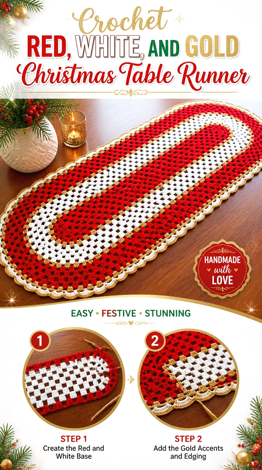 Crochet Red, White, and Gold Christmas Table Runner