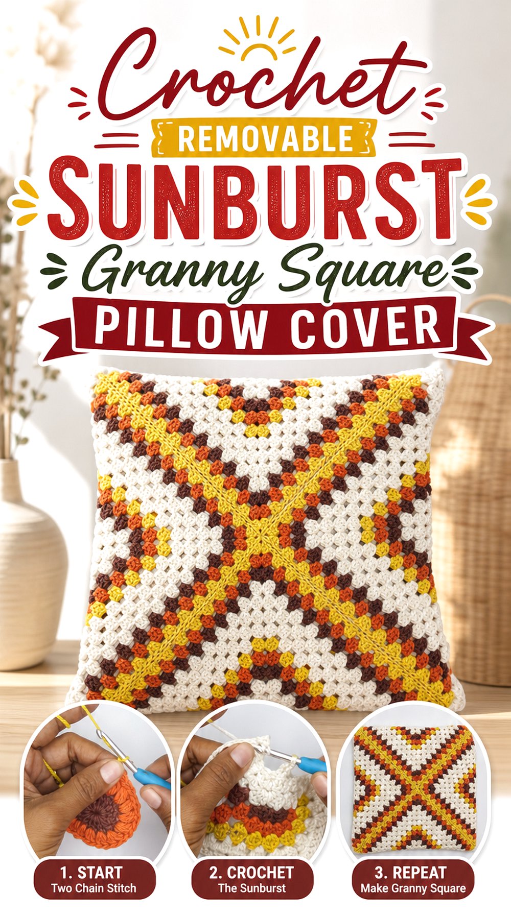Crochet Removable Sunburst Granny Square Pillow Cover