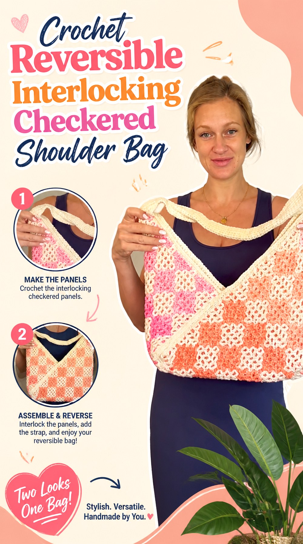 Crochet Reversible Interlocking Checkered Shoulder Bag
