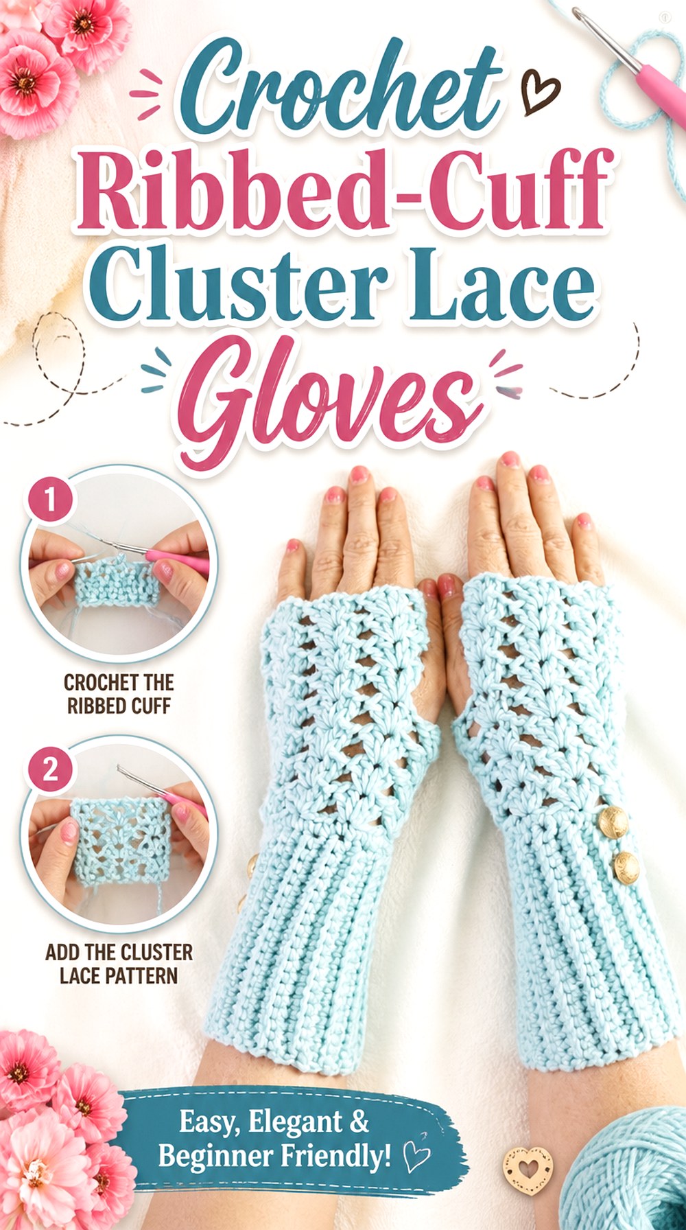 Crochet Ribbed Cuff Cluster Lace Gloves