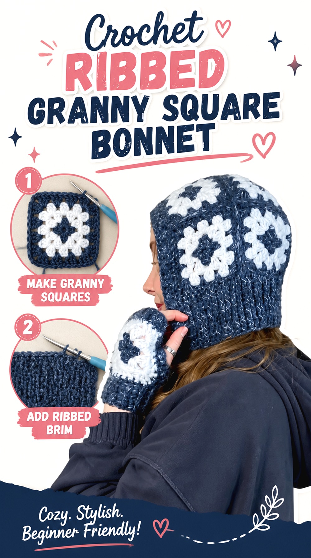 Crochet Ribbed Granny Square Bonnet