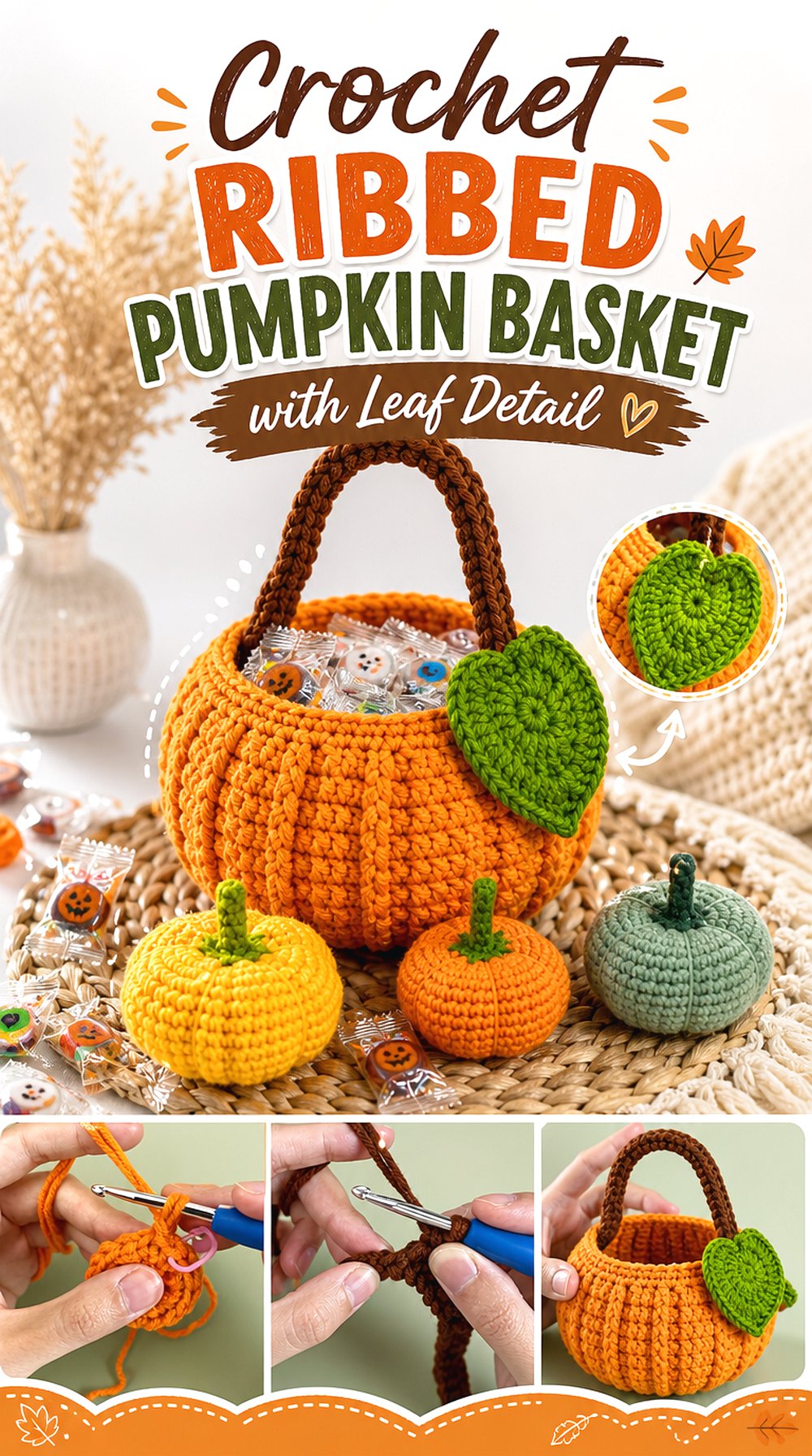 Crochet Ribbed Pumpkin Basket with Leaf Detail