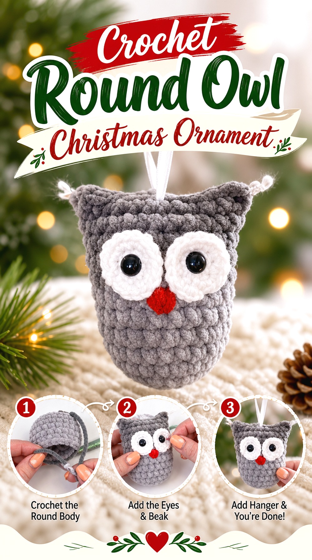 Crochet Round Owl Christmas Ornament