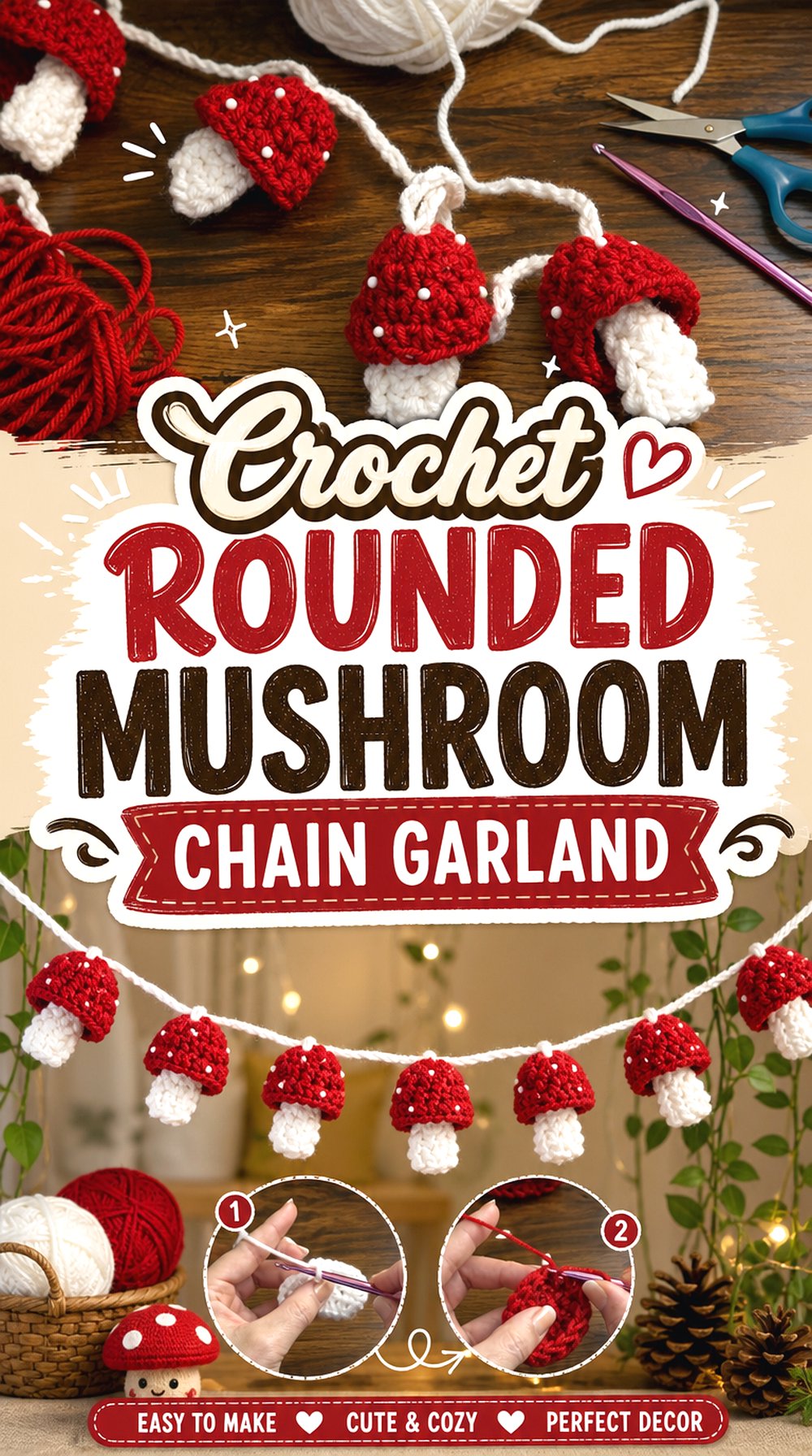 Crochet Rounded Mushroom Chain Garland