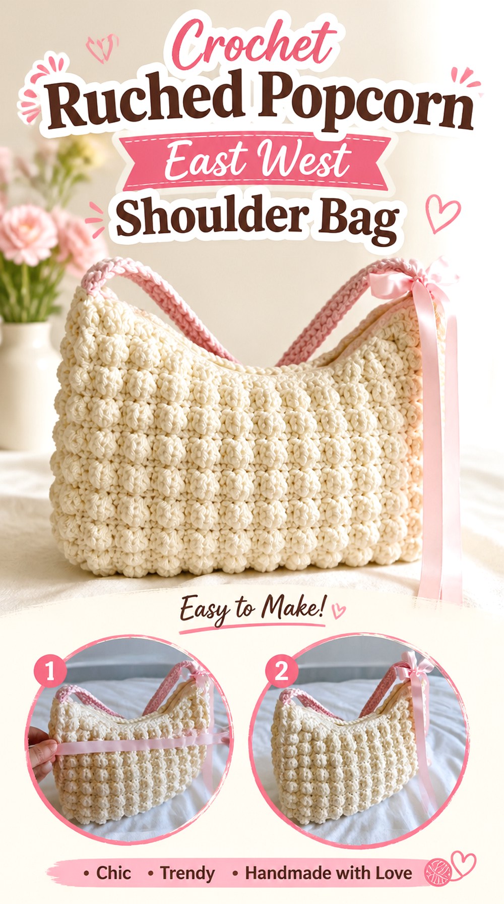 Crochet Ruched Popcorn East West Shoulder Bag