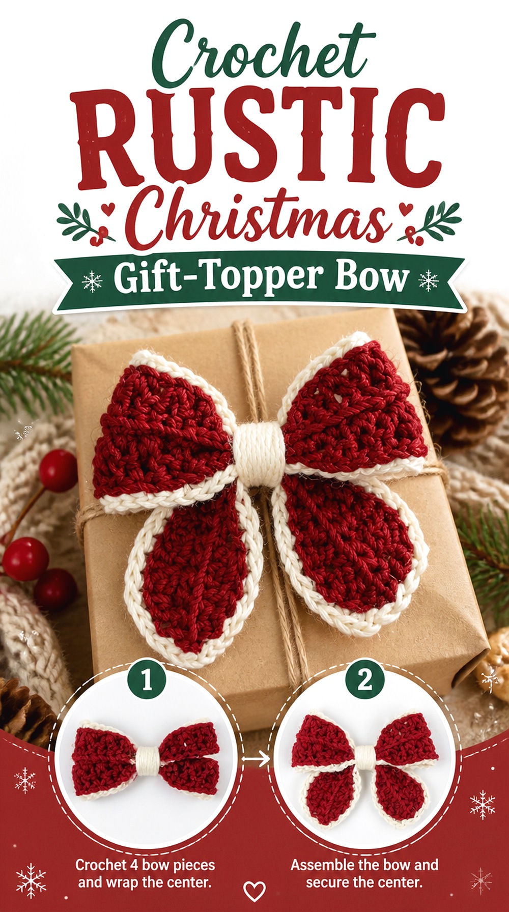Crochet Rustic Christmas Gift Topper Bow