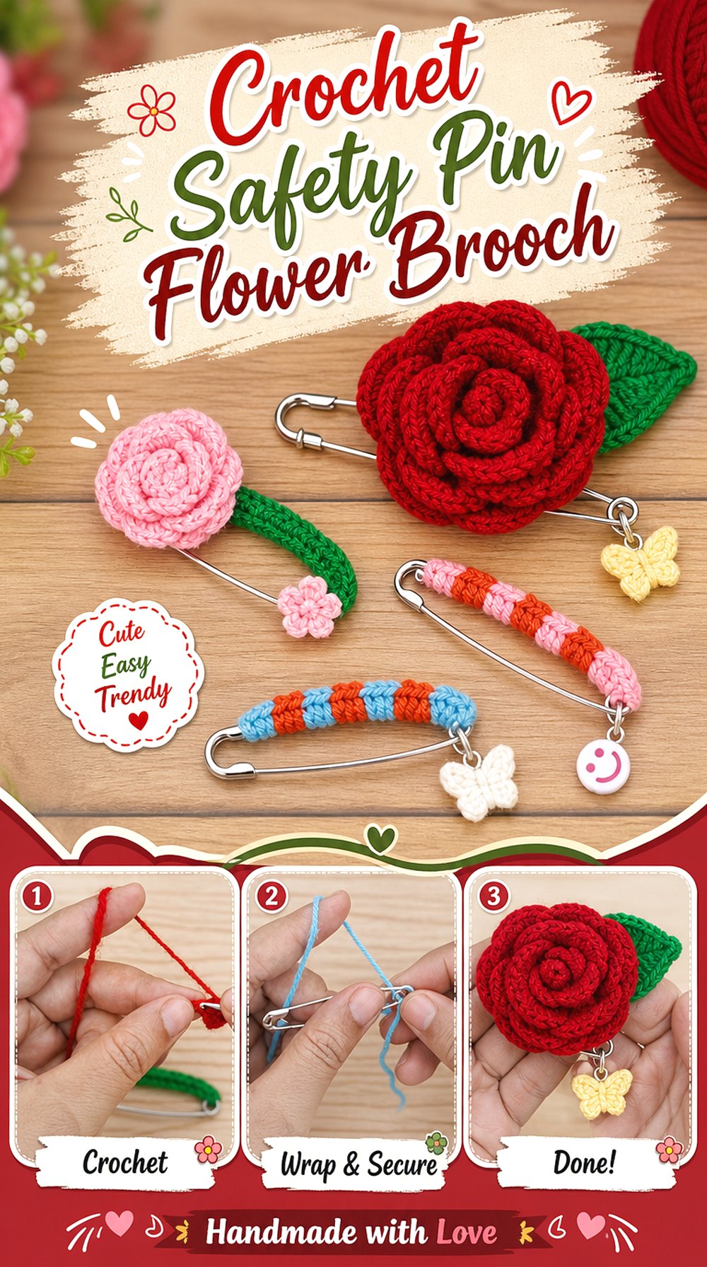 Crochet Safety Pin Flower Brooch
