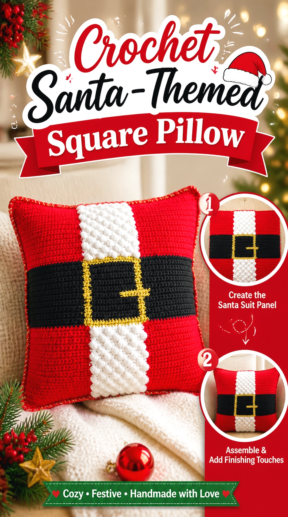 Crochet Santa Themed Square Pillow