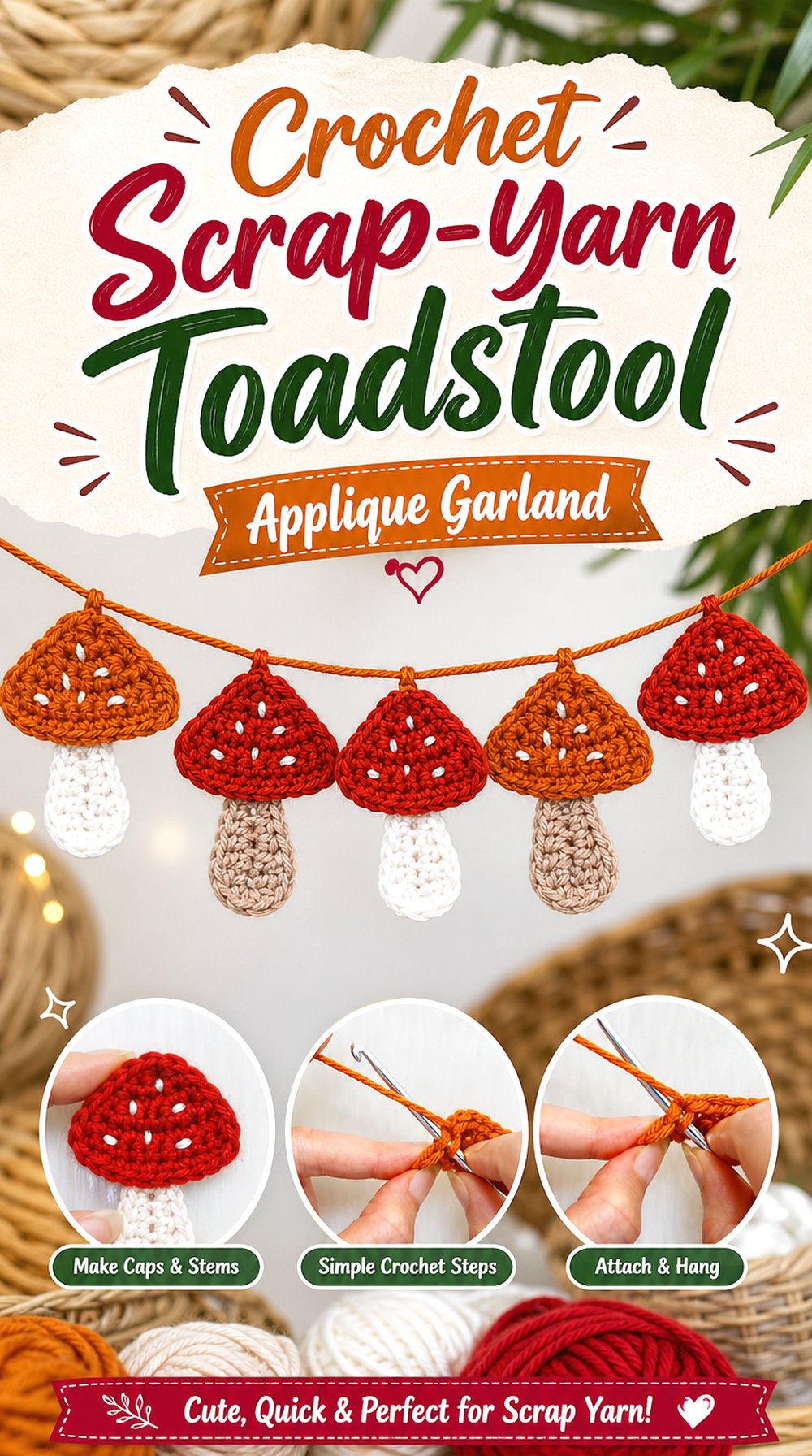 Crochet Scrap Yarn Toadstool Applique Garland