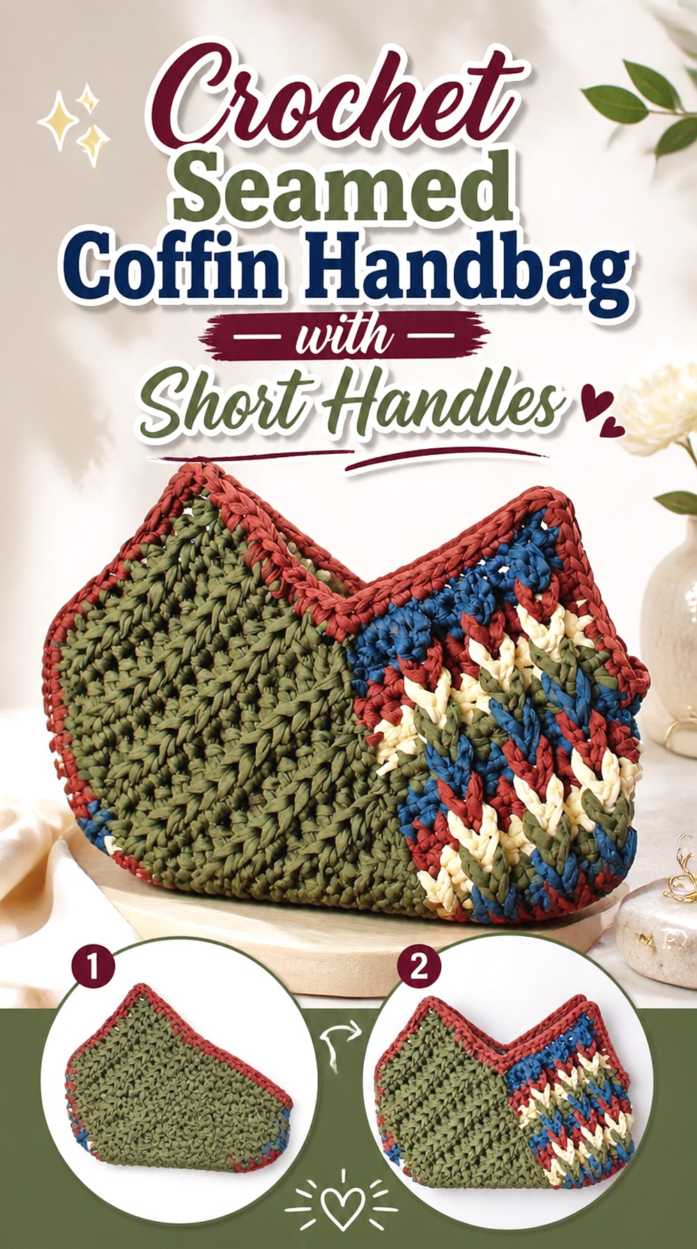 Crochet Seamed Coffin Handbag with Short Handles