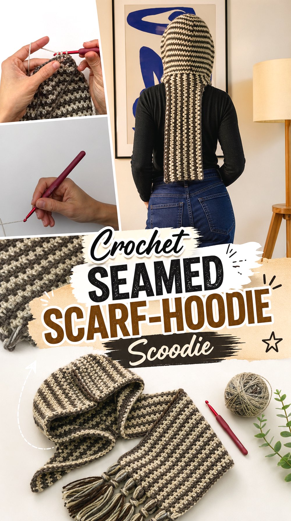 Crochet Seamed Scarf Hoodie Scoodie