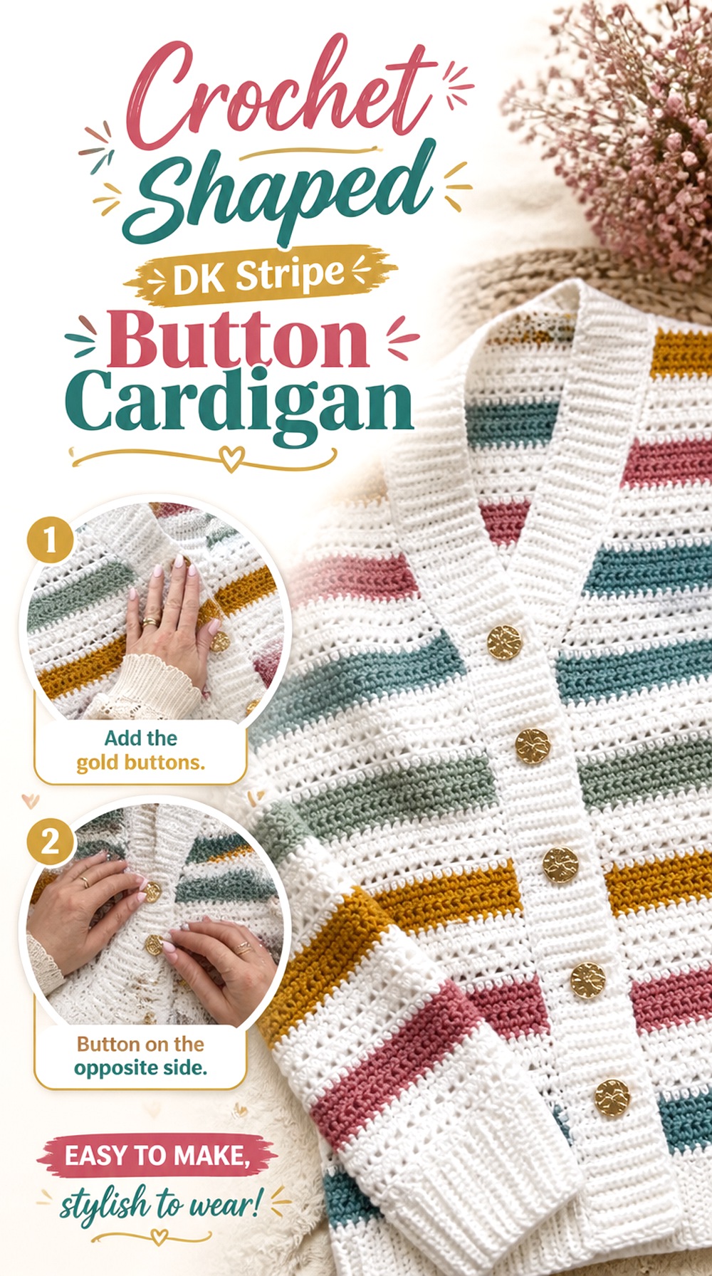 Crochet Shaped DK Stripe Button Cardigan