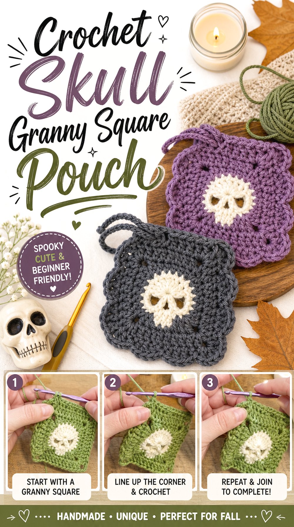 Crochet Skull Granny Square Pouch