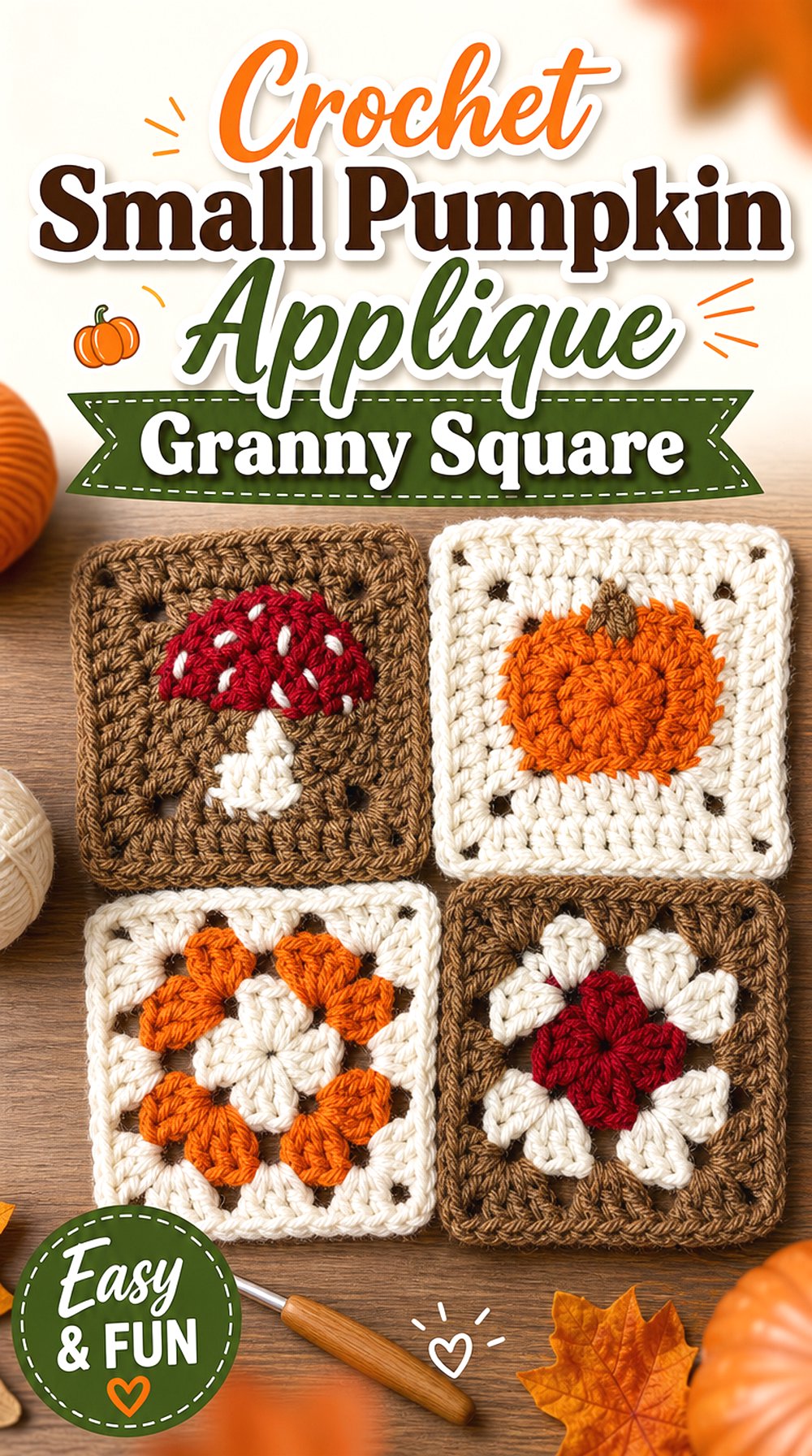 Crochet Small Pumpkin Applique Granny Square