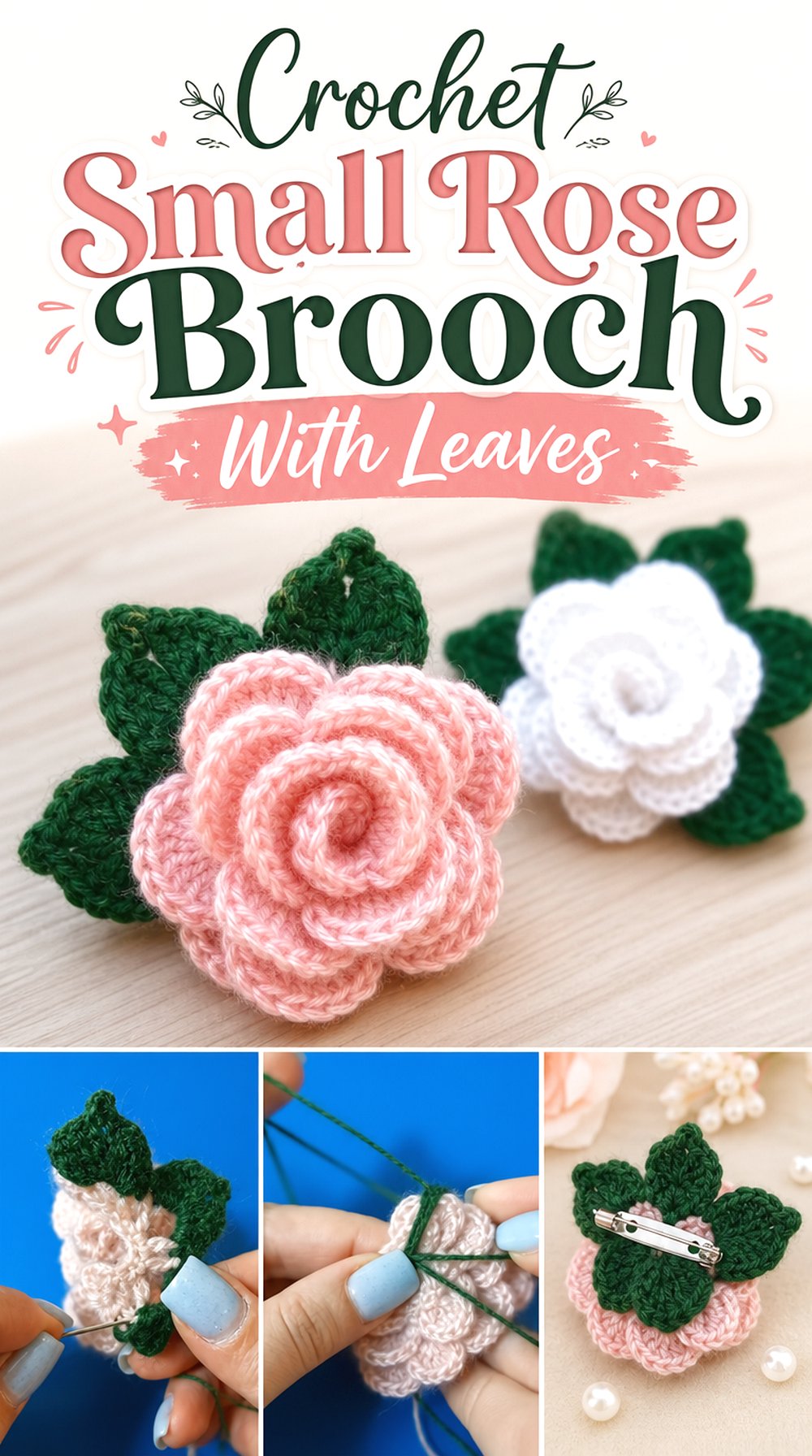 Crochet Small Rose Brooch With Leaves