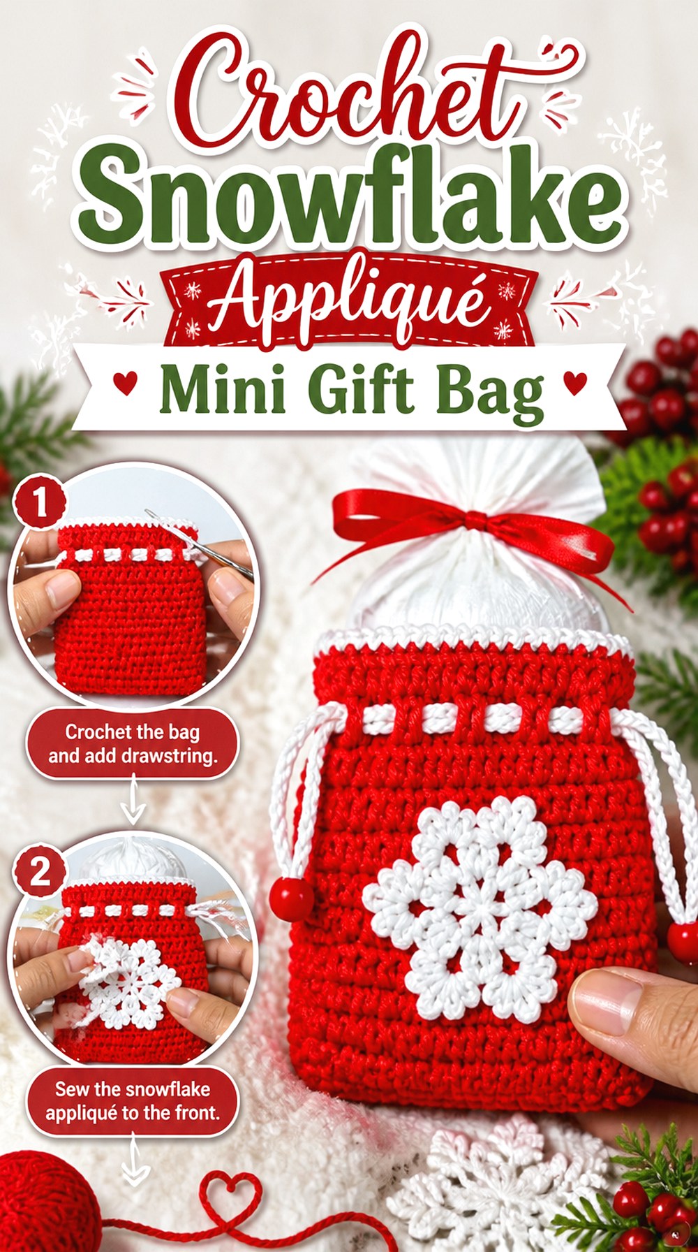 Crochet Snowflake Appliqué Mini Gift Bag