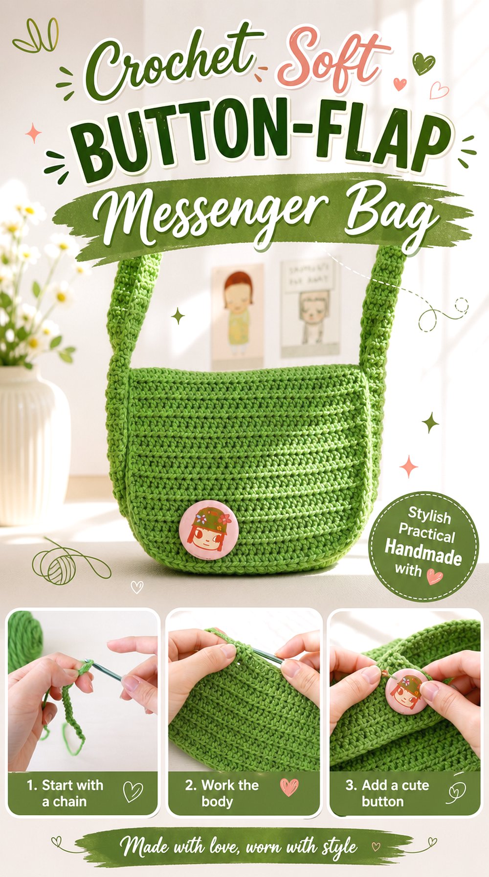 Crochet Soft Button Flap Messenger Bag