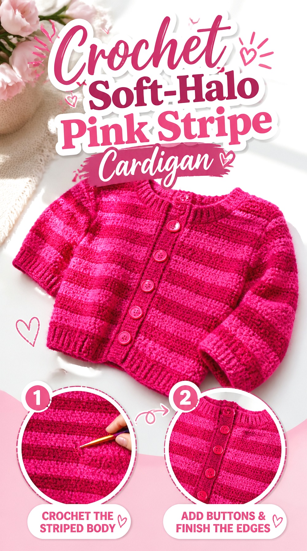 Crochet Soft Halo Pink Stripe Cardigan