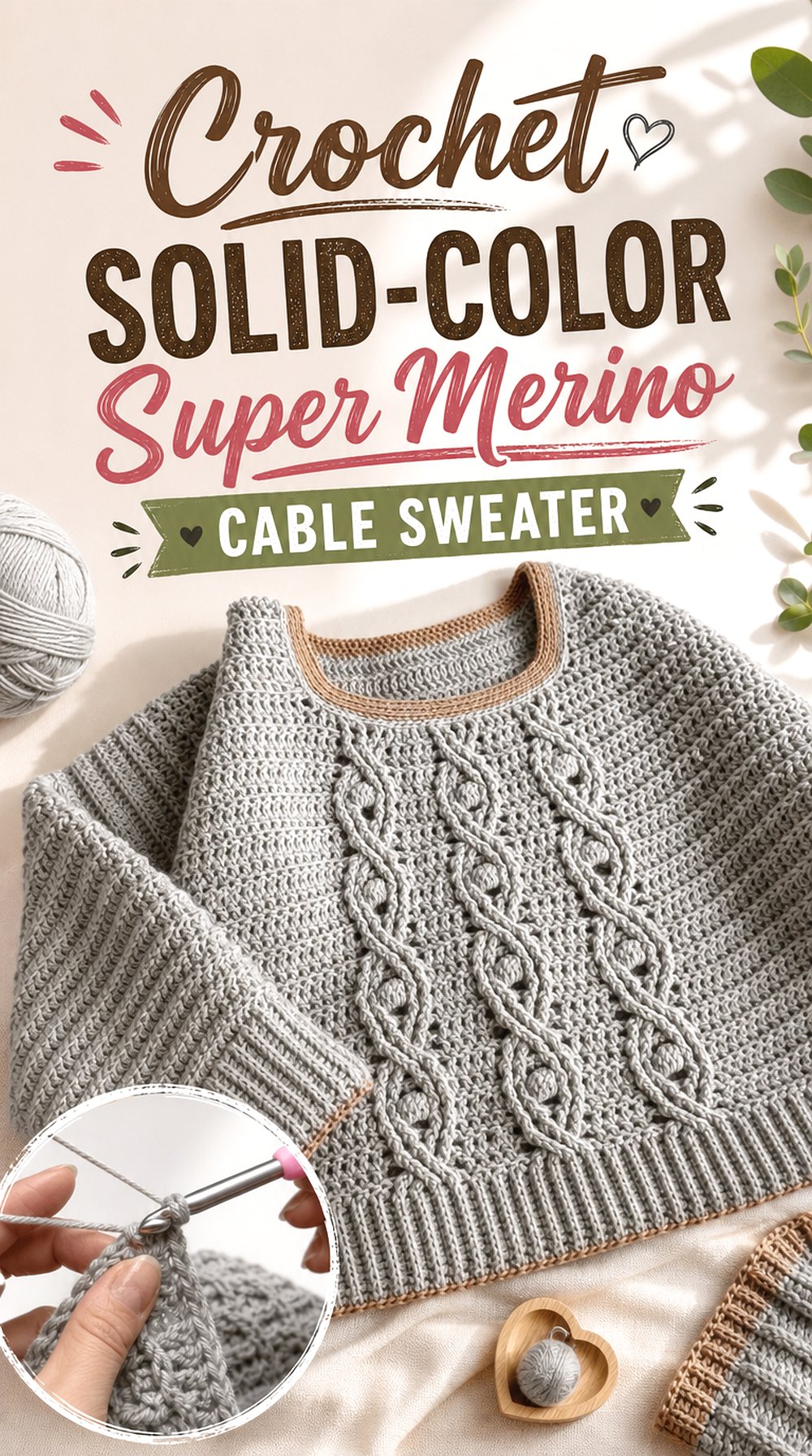 Crochet Solid Color Super Merino Cable Sweater