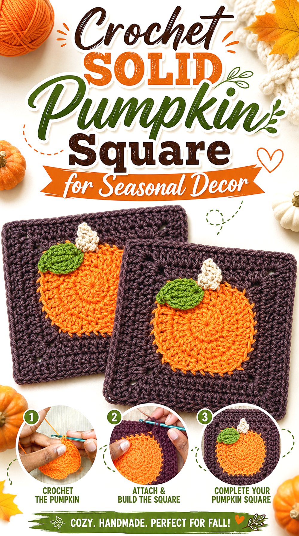 Crochet Solid Pumpkin Square for Seasonal Decor