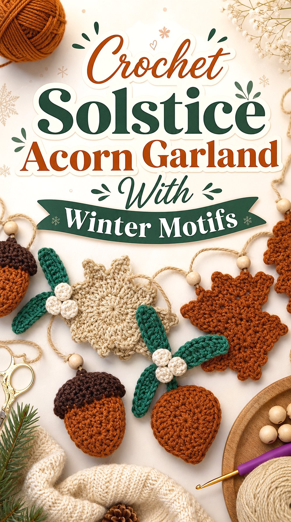 Crochet Solstice Acorn Garland With Winter Motifs
