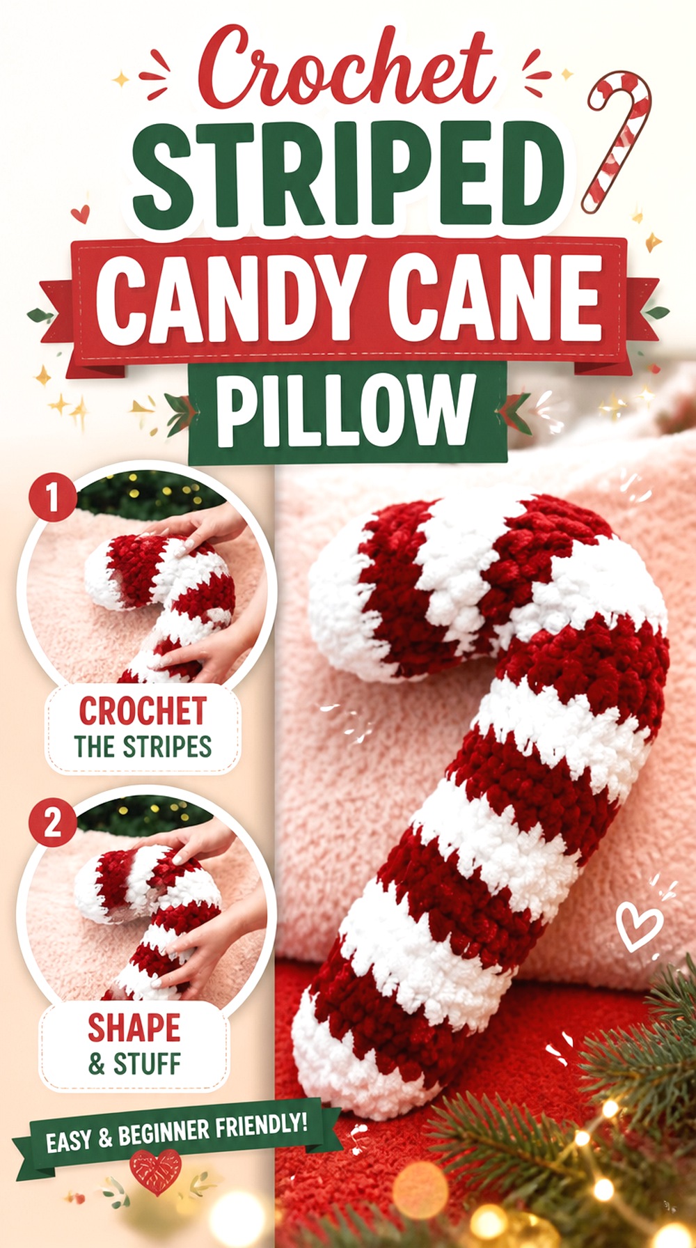 Crochet Striped Candy Cane Pillow