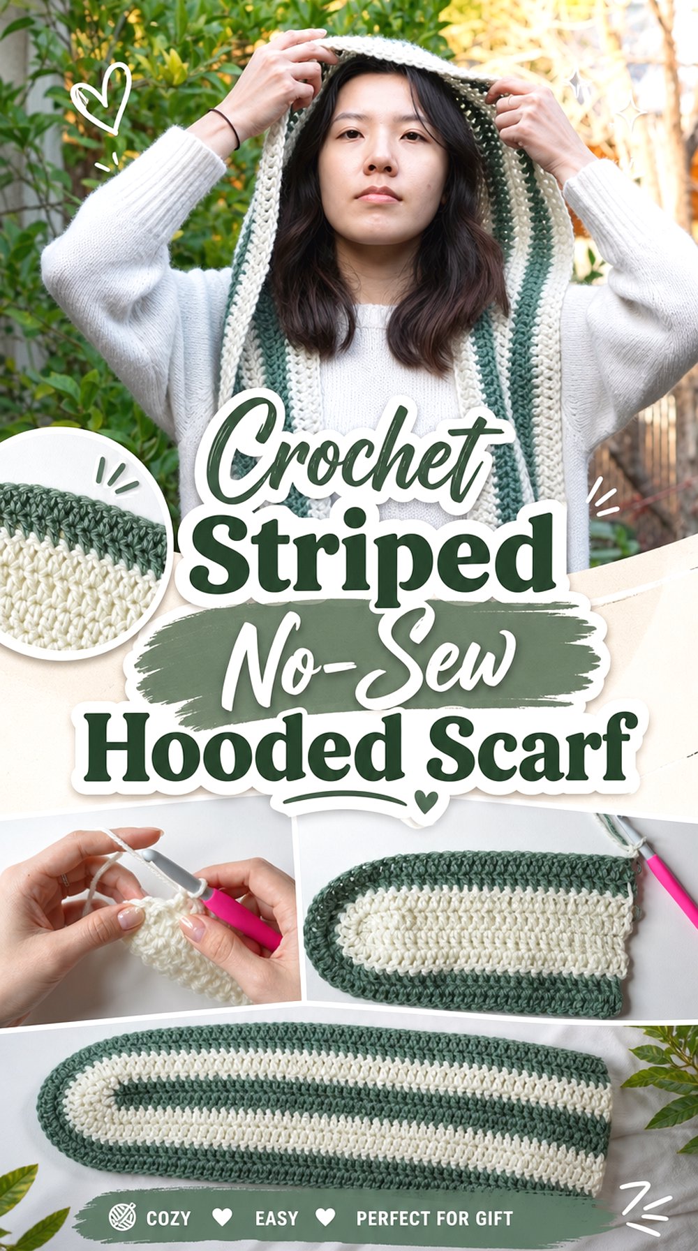 Crochet Striped No Sew Hooded Scarf