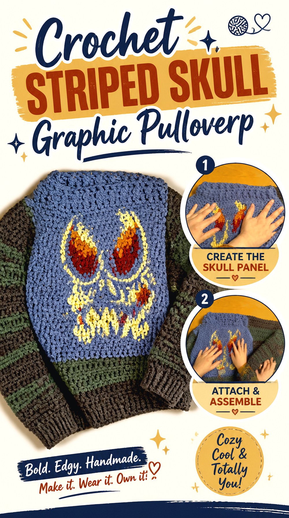 Crochet Striped Skull Graphic Pullover