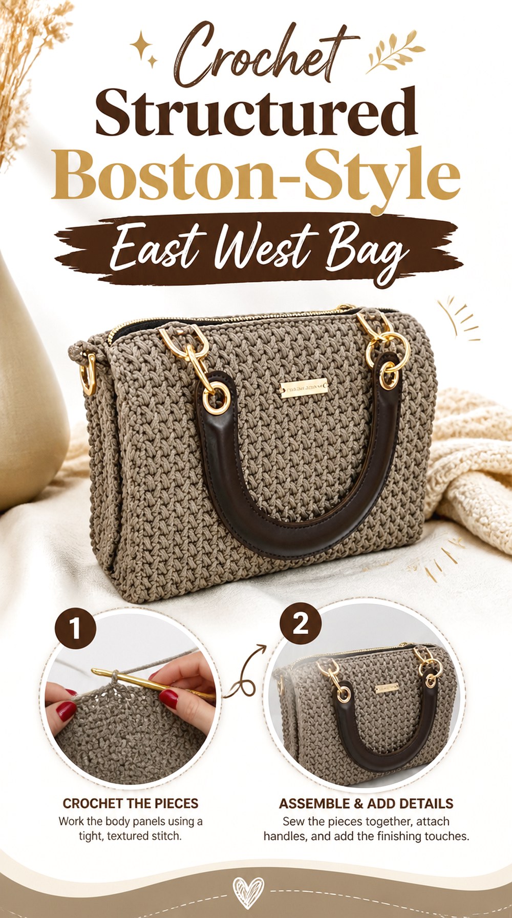 Crochet Structured Boston Style East West Bag