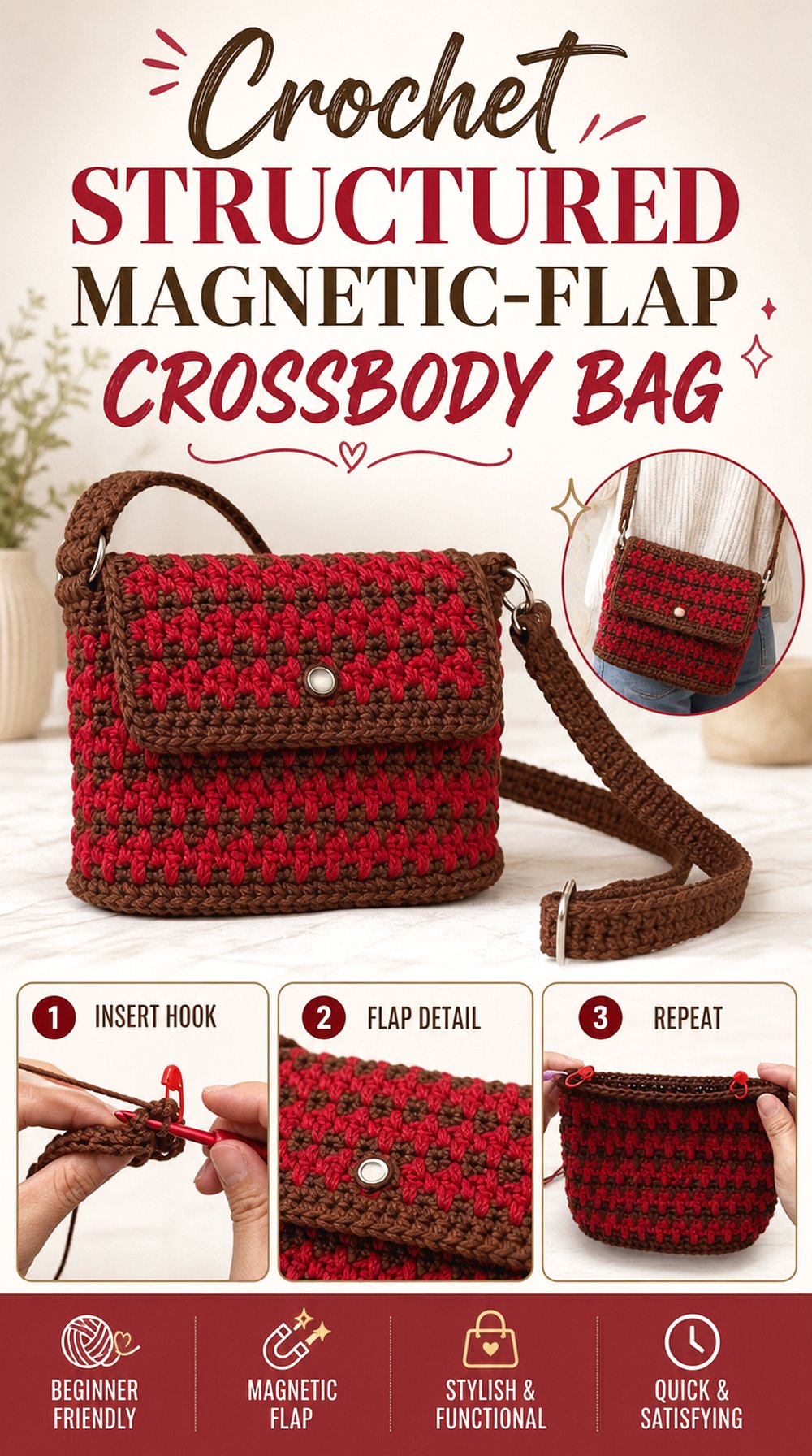 Crochet Structured Magnetic Flap Crossbody Bag
