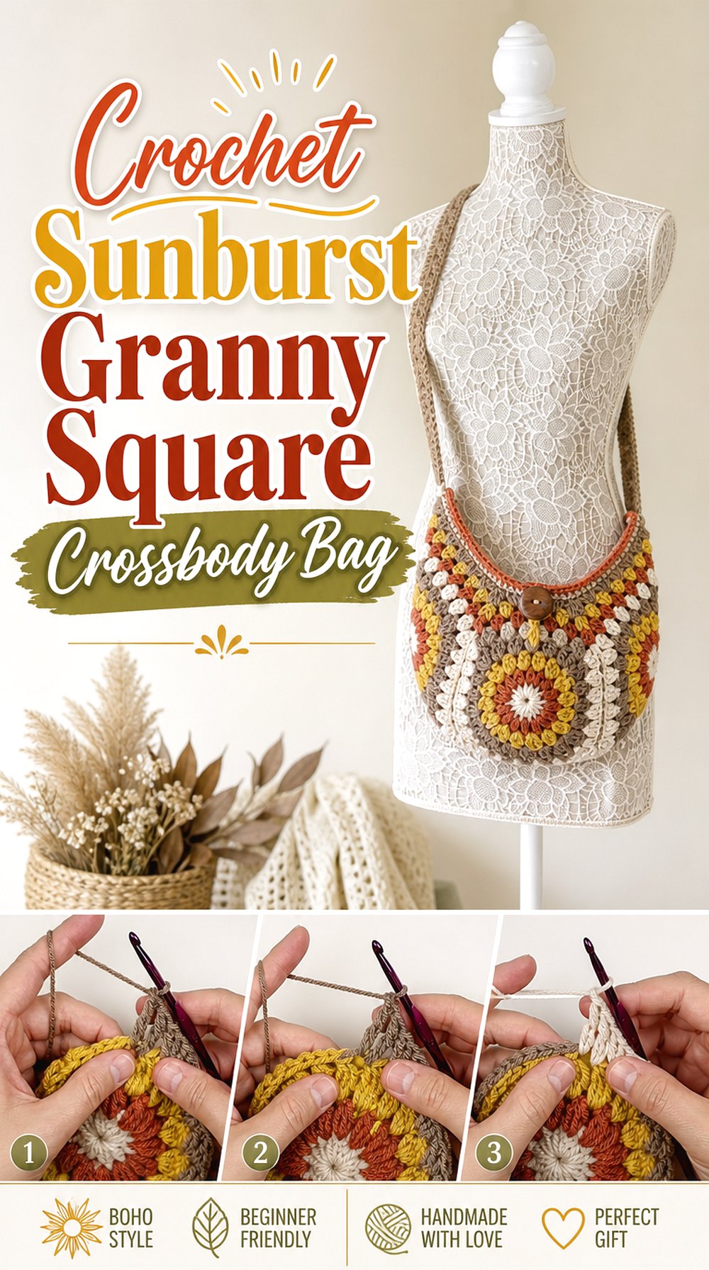 Crochet Sunburst Granny Square Crossbody Bag