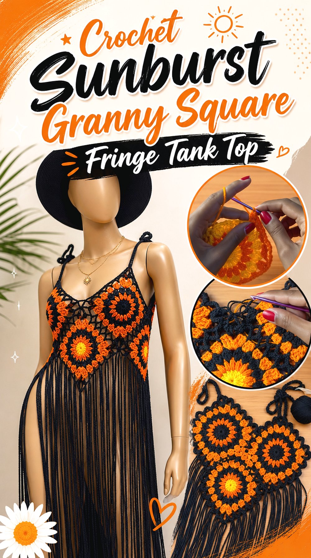 Crochet Sunburst Granny Square Fringe Tank Top