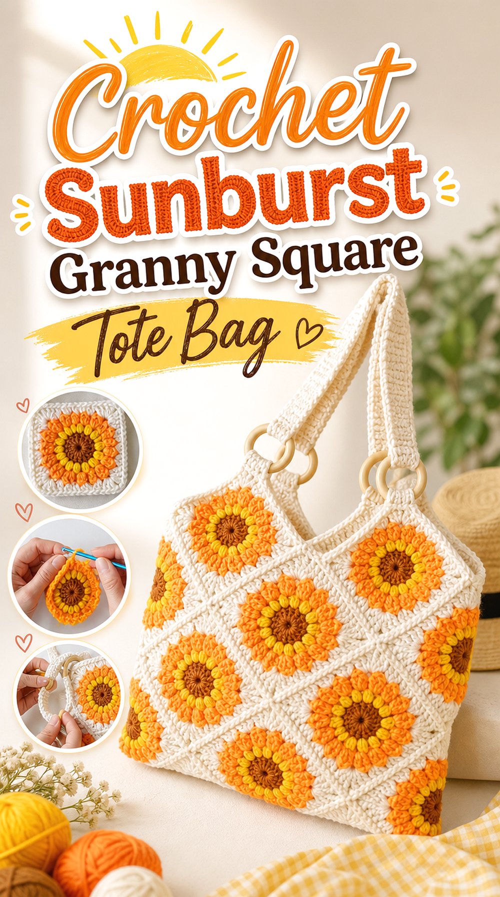 Crochet Sunburst Granny Square Tote Bag