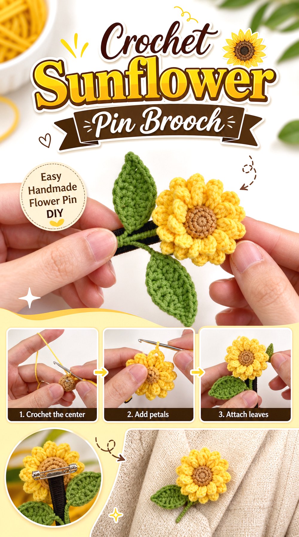 Crochet Sunflower Pin Brooch