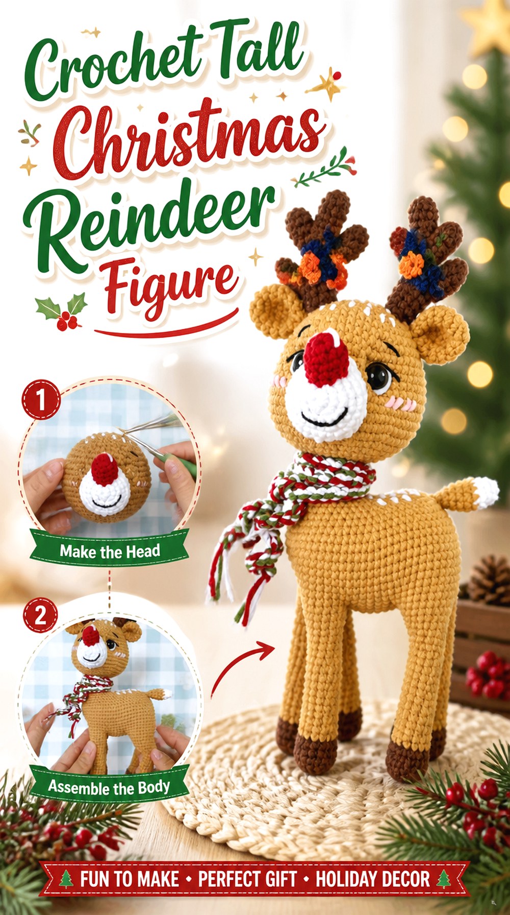 Crochet Tall Christmas Reindeer Figure