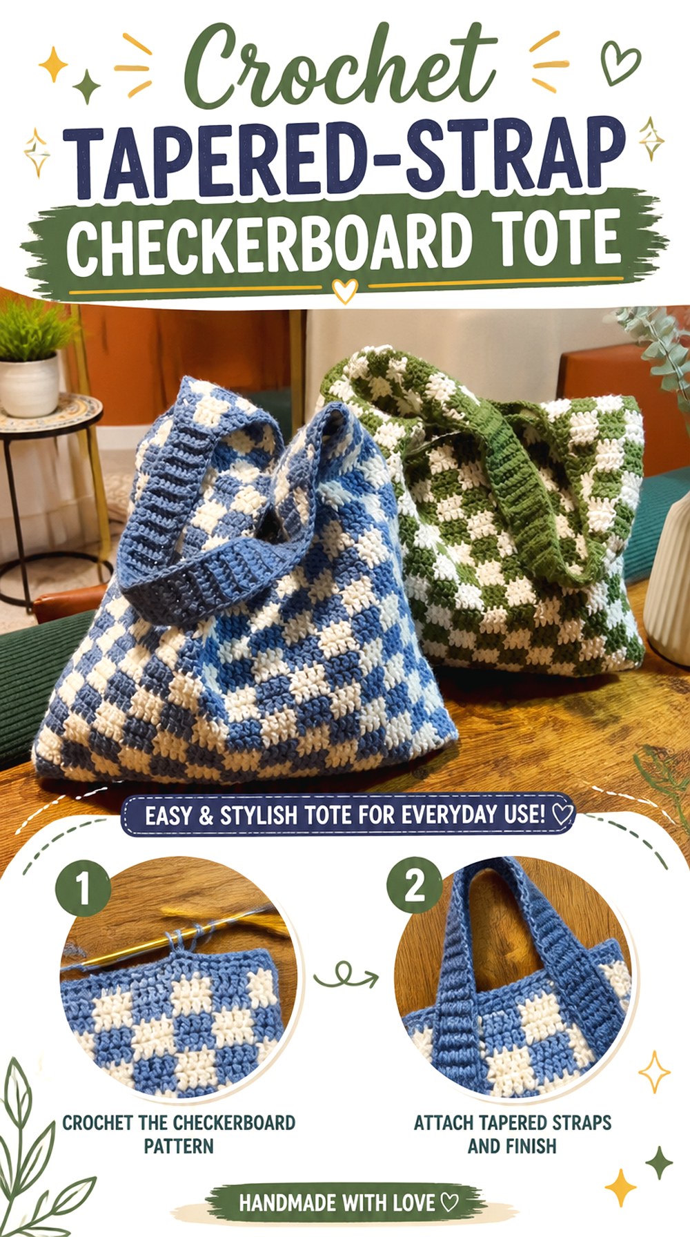 Crochet Tapered Strap Checkerboard Tote