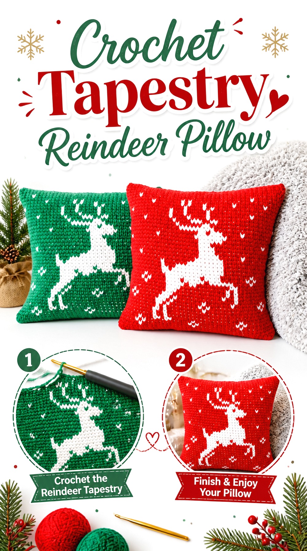 Crochet Tapestry Reindeer Pillow