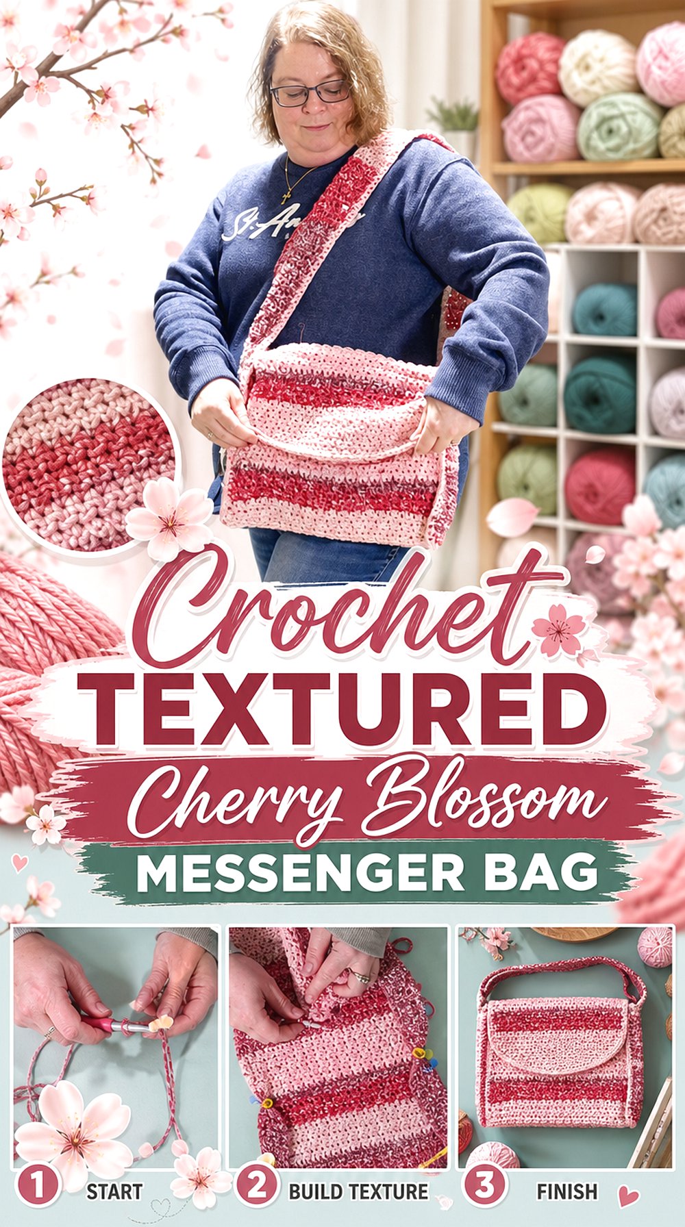 Crochet Textured Cherry Blossom Messenger Bag