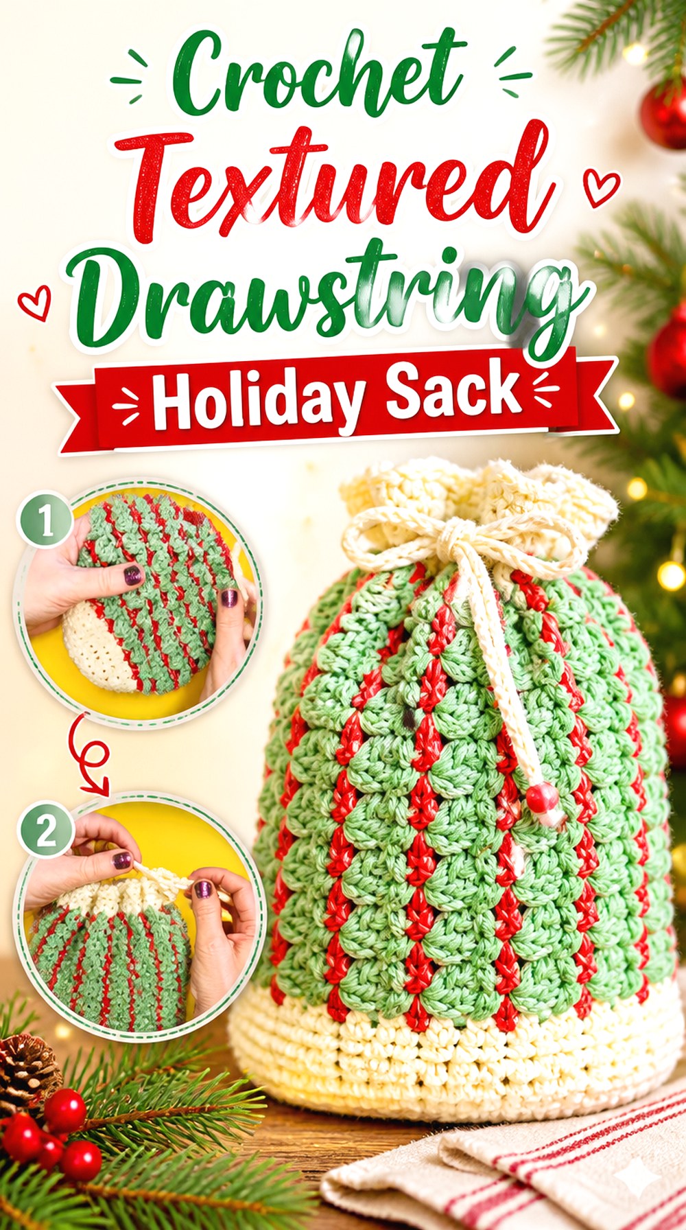 Crochet Textured Drawstring Holiday Sack