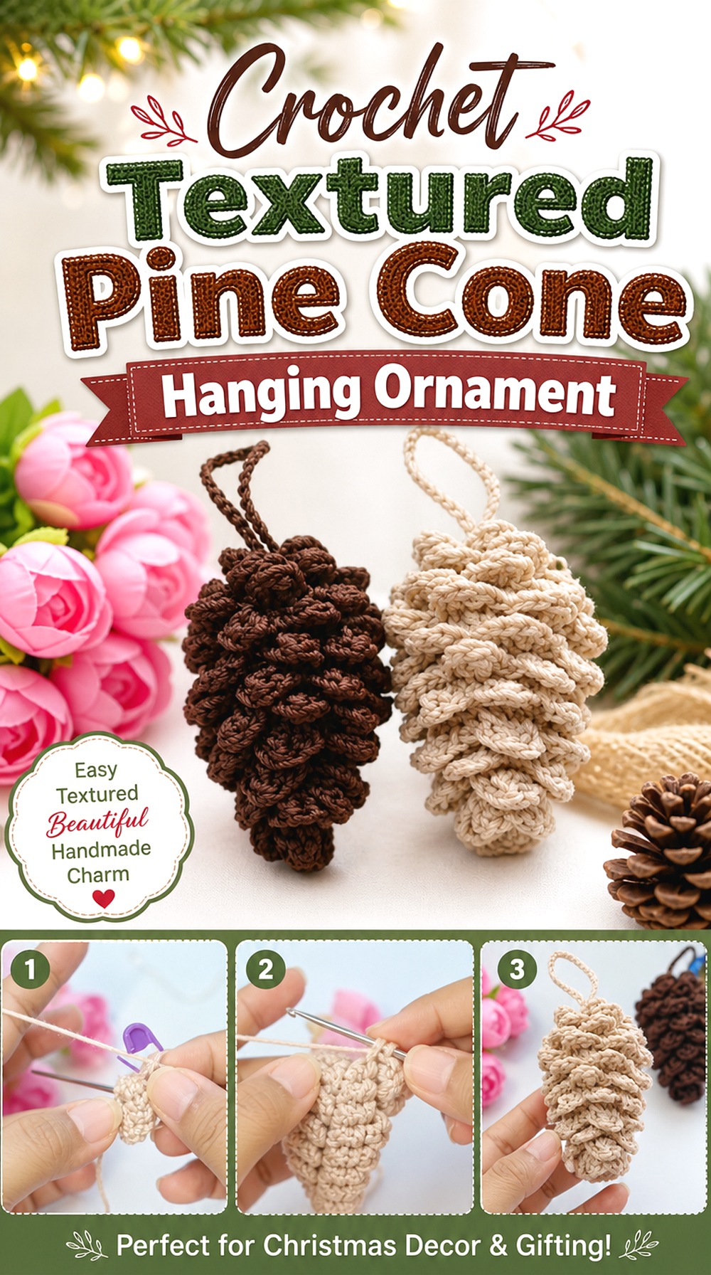 Crochet Textured Pine Cone Hanging Ornament