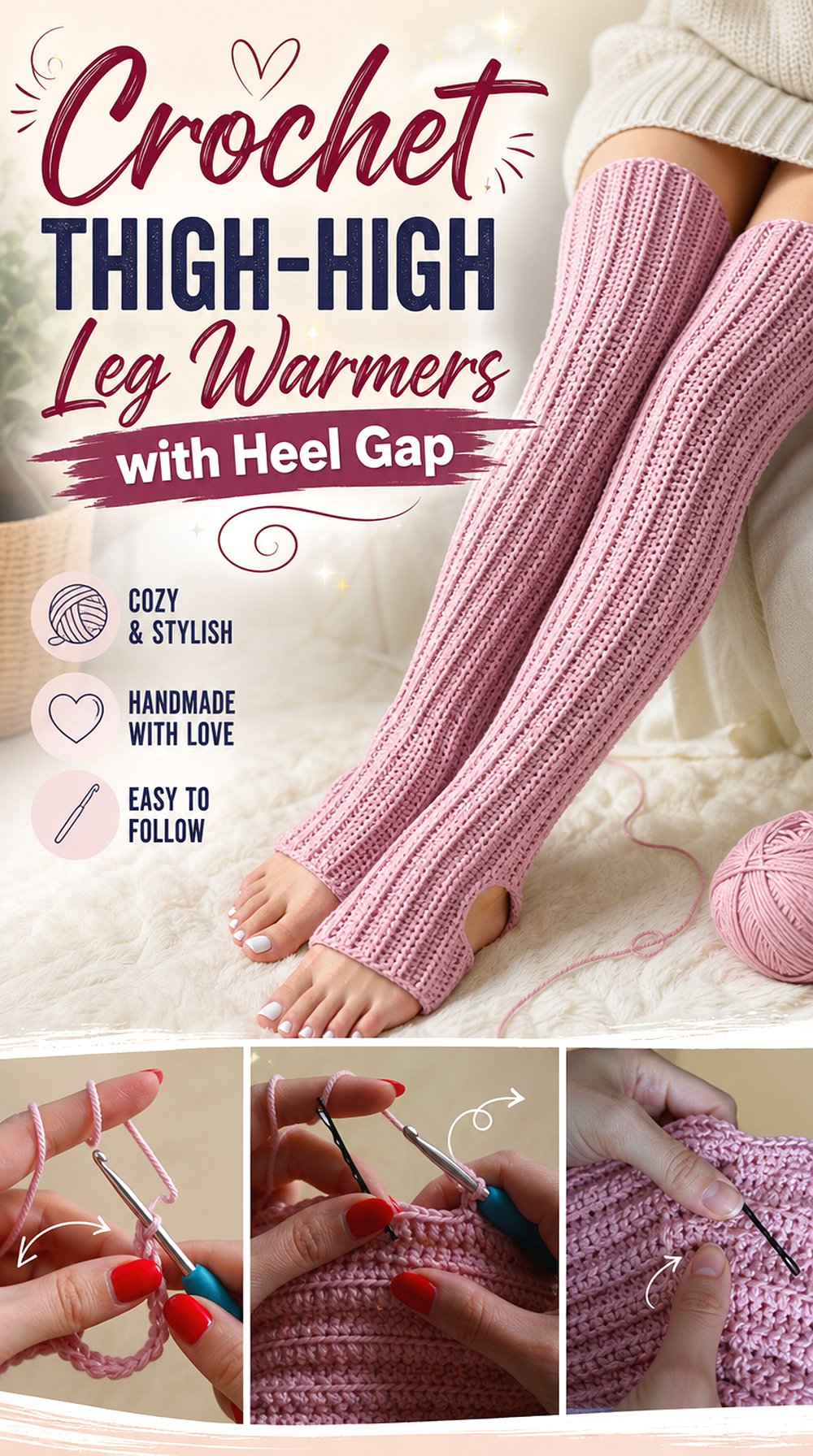 Crochet Thigh High Leg Warmers with Heel Gap